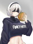  1girl black_hairband blindfold breasts burger clothes_writing cropped_hoodie desspie food fortnite hairband highres holding hood hoodie large_breasts mole mole_under_mouth navel nier_(series) nier_automata short_hair simple_background solo stomach upper_body white_hair yorha_no._2_type_b 