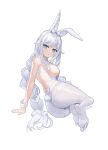 absurdres animal_ear_fluff animal_ears arm_support azur_lane bare_shoulders blue_eyes breasts bright_pupils cross-shaped_pupils fake_animal_ears fake_tail feet frills grey_hair grey_thighhighs highres le_malin_(azur_lane) le_malin_(listless_lapin)_(azur_lane) long_hair looking_at_viewer looking_back lying no_shoes oh_kyoung_hwan on_side parted_lips ponytail rabbit_ears rabbit_tail shiny shiny_skin sideboob signature simple_background soles tail thigh_strap thighhighs toes very_long_hair white_background white_pupils 
