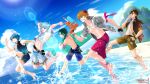  5boys aqua_hair bare_legs bare_shoulders barefoot blue_eyes blue_hair brown_hair chongyun_(genshin_impact) covering_face crop_top genshin_impact glasses green_hair jacket long_hair male_swimwear multicolored_hair multiple_boys ocean open_mouth orange_hair short_hair shorts sky smile summer sunglasses swim_trunks sylvia_m tartaglia_(genshin_impact) upper_body vision_(genshin_impact) water_gun xiao_(genshin_impact) xingqiu_(genshin_impact) yellow_eyes zhongli_(genshin_impact) 