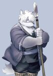  2022 anthro asian_clothing black_nose canid canine canis clothed clothing east_asian_clothing grey_body hi_res humanoid_hands japanese_clothing kemono kinoshita-jiroh male mammal overweight overweight_male simple_background solo the_spicy_ninja_scrolls weapon white_body wolf 