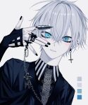  1boy alare32446233 aqua_eyes bishounen black_nails blush chain collared_shirt commentary_request cross cross_earrings earrings fingerless_gloves gloves high_collar highres jewelry looking_at_viewer male_focus original ring shirt short_hair solo white_background white_hair 