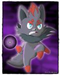  angry_eyes attack clenched_teeth digital_media_(artwork) digital_painting_(artwork) feral hi_res male neck_tuft nintendo pok&eacute;mon pok&eacute;mon_(species) purple_background red_paws shadow_ball simple_background solo standing_on_hind_legs teeth tuft video_games zennybluegenesis zorua 