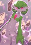  closed_mouth colored_skin commentary_request gardevoir glowing green_hair grey_background highres looking_down pero_(pero7762) pink_eyes pokemon pokemon_(creature) rock solo white_skin 