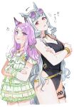  2girls anger_vein animal_ears arrow_(symbol) back-to-back black_swimsuit blush breasts casual_one-piece_swimsuit cleavage crossed_arms dress eyewear_on_head furrowed_brow gold_ship_(run_revolt_launcher)_(umamusume) gold_ship_(umamusume) green_dress grey_hair horse_ears horse_girl horse_tail long_hair looking_at_viewer medium_breasts mejiro_mcqueen_(umamusume) multiple_girls one-piece_swimsuit open_mouth purple_eyes purple_hair red_eyes rosette_(roze-ko) simple_background standing sunglasses sweat swimsuit tail thigh_strap translation_request umamusume v-shaped_eyebrows white_background 