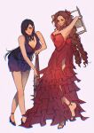  2girls aerith_gainsborough arms_behind_head asymmetrical_bangs back_bow bangs bare_arms baseball_bat black_hair blue_dress bow breasts brown_hair chair choker cleavage crescent crescent_earrings dress earrings final_fantasy final_fantasy_vii final_fantasy_vii_remake flamenco_dress flower folding_chair frilled_dress frills full_body green_eyes hair_flower hair_ornament hair_ribbon high_heels highres holding holding_chair holding_weapon jewelry large_breasts leaning_forward lingerie long_dress long_hair looking_at_viewer medium_breasts multiple_girls nail nail_bat negligee official_alternate_costume parted_bangs ponytail red_dress red_eyes red_flower red_ribbon ribbon ribbon_choker ringlets sera_(serappi) short_dress side_slit sidelocks sleeveless sleeveless_dress smile strapless strapless_dress tifa_lockhart underwear wavy_hair weapon 
