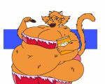  2018 anthro anthrofied belly big_belly big_breasts blue_eyes breasts clothed clothing clover_(totally_spies!) digital_media_(artwork) domestic_cat felid feline felis female fur hair looking_at_viewer mammal mizz-britt obese obese_anthro obese_female orange_body orange_fur overweight overweight_anthro overweight_female pastry simple_background solo thick_thighs torn_clothing wide_hips 
