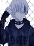  1boy alare32446233 antenna_hair bags_under_eyes belt_collar bishounen blush collar ear_piercing earrings highres hood hood_down jewelry long_sleeves male_focus original piercing sanpaku short_hair solo tsurime upper_body 