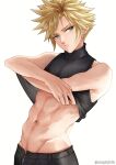  1boy abs bare_shoulders black_pants black_tank_top blonde_hair blue_eyes closed_mouth clothes_lift cloud_strife earrings final_fantasy final_fantasy_vii final_fantasy_vii_remake jewelry male_underwear muscular muscular_male navel pants shirt_lift spiked_hair stomach sylvia_m tank_top twitter_username underwear white_background 