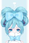  1girl bangs bare_shoulders blue_background blue_bow blue_eyes blue_hair bow cinnamiku cinnamoroll commentary_request covered_mouth crossover hair_bow hatsune_miku heart highres peta_(snc7) polka_dot polka_dot_background portrait sanrio shirt sleeveless sleeveless_shirt solo_focus tied_ears two-tone_background updo vocaloid white_background white_shirt 