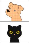 ambiguous_gender animated black_body black_ears black_eyes black_nose bodily_fluids canid canine canis domestic_cat domestic_dog felid feline felis feral front_view keke_(artist) mammal red_tongue simple_background sweat tan_body tan_ears teeth tongue tongue_out white_background worried 
