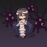  1girl :&lt; absurdres albedo_(genshin_impact) albedo_(overlord) bare_shoulders black_footwear black_hair black_wings blue_eyes blush chibi closed_mouth demon_girl demon_horns demon_wings dkxlek dress feathered_wings frilled_dress frilled_gloves frills gloves hair_between_eyes highres horns long_hair low_wings monster open_mouth overlord_(maruyama) red_eyes slit_pupils standing teeth tentacles white_dress white_gloves wings 