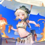  +_+ 1girl :d absurdres arknights bangs bare_shoulders beach_umbrella bikini blue_sky breasts brown_hair fangs fire highres holding horns ifrit_(arknights) looking_at_viewer nail_polish navel parted_bangs ponytail red_eyes red_nails shuiyixiaoya sky small_breasts smile solo spatula swimsuit teeth umbrella upper_teeth v-shaped_eyebrows white_bikini 