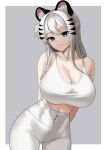 1girl absurdres animal_ears arms_behind_back bare_shoulders blue_eyes breasts commentary english_commentary eyebrows_hidden_by_hair grey_background hair_bun highres huge_breasts large_breasts light_smile navel original outside_border pants solo sports_bra tewaki thighs tiger_girl tiger_stripes white_hair white_pants white_sports_bra yoga_pants 