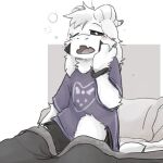  anthro asriel_dreemurr bed bedding blanket bovid bracelet caprine clothed clothing delta_rune_(emblem) drowsy fur furniture goat horn jewelry male mammal on_bed open_mouth pillow pop2hotzz solo symbol tired tired_eyes under_covers undertale undertale_(series) video_games white_body white_fur yawn 
