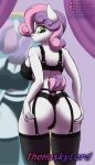  aged_up anthro bra butt clothing docked_tail equid equine hi_res horn legwear lingerie looking_back mammal mirror short_tail spreading stockings tail_tied thehuskylord underwear unicorn 