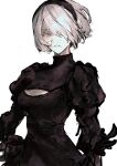  black_hairband blue_eyes breasts bright_pupils cleavage cleavage_cutout clothing_cutout grey_background grey_hair hair_over_one_eye hairband highres ito_(silva) mole mole_under_mouth nier_(series) nier_automata parted_lips pink_lips puffy_sleeves short_hair simple_background sketch turtleneck white_pupils yorha_no._2_type_b 