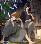  2boys architecture arm_support artist_name bangs barefoot bath_yukata black_jacket blue_eyes brown_eyes brown_hair brown_kimono choko_(cup) collarbone colored_tips crossed_bangs cup earrings east_asian_architecture feet full_body genshin_impact gradient_hair grey_kimono hair_between_eyes hand_up haori head_tilt highres holding holding_cup jacket japanese_clothes jewelry kimono lantern long_hair long_sleeves looking_at_viewer low_ponytail male_focus mmmgnsn multicolored_hair multiple_boys night night_sky open_mouth orange_hair outdoors ponytail short_hair shouji single_earring sitting sky sliding_doors smile star_(sky) starry_sky striped striped_kimono tartaglia_(genshin_impact) tree twitter_username wide_sleeves yukata zhongli_(genshin_impact) 