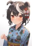  1girl absurdres animal_ears animal_print black_hair blue_kimono blush braid closed_mouth crown_braid ears_down fish_print floral_print flower flying_sweatdrops goldfish_print gradient gradient_background grey_background hair_flower hair_ornament hanazawa_ma hand_up highres horse_ears japanese_clothes kimono kitasan_black_(umamusume) light_frown long_sleeves looking_at_viewer multicolored_hair nail_polish print_kimono purple_flower red_flower red_nails solo streaked_hair umamusume upper_body white_background white_flower white_hair wide_sleeves yukata 