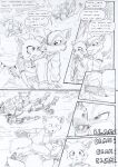  anthro armor black_and_white canid canine clothing comic english_text falling female group gun gunshot jacket kangaroo kitfox-crimson machine macropod male mammal marsupial monochrome nature nature_background power_armor ranged_weapon sketch text topwear weapon 