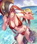  1girl absurdres bangs bikini black_headwear blush breasts fang hat highres holding holding_sword holding_weapon hololive houshou_marine large_breasts long_hair looking_at_viewer navel open_mouth otk pirate_hat red_bikini red_eyes red_hair skin_fang solo_focus sweat swimsuit sword twintails virtual_youtuber weapon 