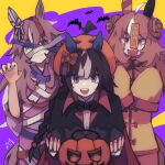  3girls ahoge animal_ears bandages bangs bat_(animal) black_hair black_jacket blue_eyes bow braid brown_coat brown_hair capelet claw_pose coat copano_rickey_(umamusume) costume double_bun fang hair_bow hair_bun halloween hands_up highres hokko_tarumae_(umamusume) horse_ears horse_girl horse_tail jacket jiangshi_costume long_hair looking_at_viewer multicolored_hair multiple_girls mummy_costume ofuda open_mouth pumpkin_hat purple_eyes red_eyes skin_fang sleeves_past_fingers sleeves_past_wrists smile streaked_hair tail twin_braids umamusume upper_body wonder_acute_(umamusume) yoko_rein 