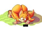  2_tails anthro ass_up big_butt big_ears black_eyes black_nose butt canid canine clothing curious doggostar footwear fox fur hi_res huge_butt male mammal miles_prower multi_tail nude sega shoes solo sonic_the_hedgehog_(series) text wide_hips yellow_body yellow_fur 