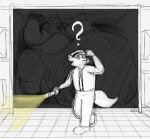  2019 anthro belly belly_press big_belly big_butt big_cheeks butt chubby_cheeks clothed clothing covering covering_mouth dark_body dark_fur duo exposed_belly felid flashlight fur hand_on_ceiling holding_flashlight holding_object huge_cheeks hyper hyper_belly male mammal monsieur_leblanc morbidly_obese morbidly_obese_anthro morbidly_obese_male narrowed_eyes obese obese_anthro obese_male overweight overweight_anthro overweight_male pantherine question_mark security_guard shelf sketch sneak_feast squint straining_buttons thick_thighs towerhyena 