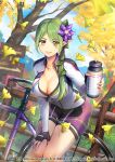  1girl autumn autumn_leaves bangs bicycle bike_shorts blush bottle breasts character_request cleavage copyright_name day falling_leaves fingerless_gloves flower gloves grass green_hair ground_vehicle hair_flower hair_ornament hand_on_own_thigh holding holding_bottle jacket jewelry large_breasts leaf leaf_hair_ornament leaning_forward looking_at_viewer mole mole_under_eye necklace official_art open_mouth outdoors parted_bangs partially_unzipped pointy_ears ponytail railing ronce skin_tight smile solo sweat tree water_bottle yellow_eyes z/x 