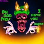  burning burnt_clothing burnt_skin cartoon_gloves clothing fire friday_night_funkin&#039; green_clothing green_hat green_headwear hat headgear headwear hi_res human lava luigi male mammal mario.exe mario_bros mario_madness nightzombie nintendo not_furry pixel solo video_games 