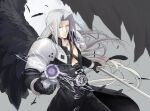  1boy armor bangs belt black_feathers black_gloves black_jacket black_pants black_wings chest_strap cowboy_shot falling_feathers feathers fighting_stance final_fantasy final_fantasy_vii final_fantasy_vii_remake gloves green_eyes grey_background grey_hair high_collar highres holding holding_sword holding_weapon i_ne_rrr jacket long_bangs long_hair long_jacket long_sleeves looking_at_viewer magic male_focus masamune_(ff7) open_collar pants parted_bangs sephiroth shoulder_armor single_wing smile solo straight_hair sword weapon wings 