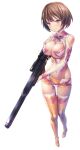  1girl bare_shoulders boots bow breasts brown_hair cleavage closed_mouth commentary dot_nose forehead full_body gun highres holding holding_gun holding_weapon kagami_hirotaka knees_together_feet_apart looking_at_viewer micro_shorts multicolored_eyes navel purple_bow revealing_clothes rifle shadow short_hair shorts simple_background smile sniper_rifle solo taimanin_(series) thigh_boots thigh_gap thighhighs thighs weapon white_background 