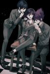  3boys alternate_costume artist_name bangs black_background black_footwear black_hair black_jacket black_necktie black_pants collared_shirt crossed_legs danganronpa_(series) danganronpa_v3:_killing_harmony full_body grey_shirt hair_between_eyes hand_on_another&#039;s_shoulder highres holding holding_hair holding_hands jacket looking_at_viewer momota_kaito multicolored_hair multiple_boys necktie no_jacket open_clothes open_jacket ouma_kokichi pants pink_eyes purple_hair saihara_shuuichi sakuyu shirt simple_background sitting spiked_hair table teeth tongue two-tone_hair yaoi 