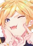  1boy absurdres annoyed blonde_hair blush cheek_poking cheek_press eyelashes fang hand_on_another&#039;s_cheek hand_on_another&#039;s_face hands_up highres inubangarou kagamine_len looking_at_viewer male_focus one_eye_closed open_mouth orange_nails out_of_frame poking portrait pov pov_hands short_hair signature simple_background skin_fang solo_focus tongue vocaloid white_background 