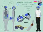  2022 anthro aviator_glasses blue_body blue_eyes blue_fur blue_hair blue_markings boots bottomwear boxers_(clothing) boxers_only canid canine canis clock clothed clothing confusion countershading curled_tail digital_drawing_(artwork) digital_media_(artwork) domestic_dog eyewear footwear fox fur gender_symbol glasses gloves grey_body grey_fur grey_markings hair handwear hi_res husky hybrid lgbt_pride male male_symbol mammal markings model_sheet nordic_sled_dog pansexual_pride_colors pants paws plantigrade pride_colors question_mark shirt slim solo spitz standing sunglasses symbol text topwear underwear watch wolf zer0rebel4 