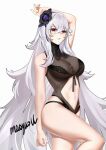  1girl artist_name azur_lane bangs black_flower black_rose black_swimsuit breasts casual_one-piece_swimsuit clothing_cutout cowboy_shot crossed_bangs flower graf_zeppelin_(azur_lane) graf_zeppelin_(beachside_urd)_(azur_lane) hair_flower hair_ornament highres large_breasts long_hair maoyao-ll navel_cutout official_alternate_costume one-piece_swimsuit red_eyes rose swimsuit taut_clothes taut_swimsuit very_long_hair white_background 