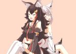  2girls absurdres ahoge animal_ear_fluff animal_ears back-to-back black_hair black_shirt black_shorts black_skirt closed_eyes commentary_request crop_top detached_sleeves fox_ears fox_girl fox_tail hair_between_eyes hair_ornament hairclip highres hololive hood hoodie midriff multicolored_hair multiple_girls navel necktie ookami_mio open_mouth orange_background pentagram red_hair red_necktie shirakami_fubuki shirt short_shorts shorts simple_background sitting skirt smile streaked_hair tail thighhighs virtual_youtuber white_hair white_hoodie white_thighhighs wolf_ears wolf_girl wolf_tail zuzy_campbell 