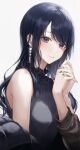  1girl 2sham absurdres bangs black_eyes black_hair blush dress earrings highres holding_hands jewelry long_hair looking_at_viewer mole mole_under_mouth nail_polish off-shoulder_dress off_shoulder original smile solo very_long_hair white_background 