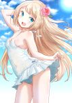  1girl blonde_hair blue_eyes blue_sky casual_one-piece_swimsuit cloud commentary_request cowboy_shot flower fuji_(pixiv24804665) hair_flower hair_ornament highres jervis_(kancolle) kantai_collection long_hair one-piece_swimsuit open_mouth round_teeth skirt_hold sky solo standing swimsuit swimsuit_skirt teeth upper_teeth white_swimsuit 