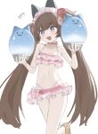  +++ 1girl absurdres animal_ears bangs bare_shoulders bikini blue_archive blush boku_2020 bowl breasts brown_hair cat_ears choker cleavage fake_animal_ears frilled_bikini frills highres holding holding_bowl long_hair maid_headdress navel open_mouth pink_bikini purple_eyes sandals shaved_ice shizuko_(blue_archive) shizuko_(swimsuit)_(blue_archive) simple_background small_breasts solo star_(symbol) star_in_eye swimsuit symbol_in_eye twintails walking white_background 