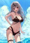  1girl bangs bikini black_bikini black_hair blush braid breasts cleavage fang grey_hair hair_ornament highres hololive large_breasts looking_at_viewer multicolored_hair navel ocean open_mouth red_eyes sakamata_chloe smile solo streaked_hair swimsuit virtual_youtuber wading x_hair_ornament xyunx 