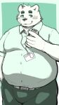  2022 anthro belly big_belly blush bottomwear can clothing container hi_res humanoid_hands kemono male mammal menmen_kesinn overweight overweight_male pants shirt simple_background solo topwear ursid 