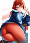  1girl arezu_(pokemon) ass bangs black_footwear blue_jacket boots brown_bag commentary english_commentary hand_up highres hood hood_down hooded_jacket jacket long_sleeves looking_at_viewer orange_eyes pantyhose pokemon pokemon_(game) pokemon_legends:_arceus red_hair short_hair smile solo zasshu 