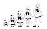  1girl :3 animal_ears bangs bow bowtie chibi closed_mouth gi!_(desukaru02518_u) greyscale high_heels highres horse_ears horse_girl horse_tail long_hair mayano_top_gun_(umamusume) monochrome open_mouth pleated_skirt progression sailor_collar school_uniform short_sleeves skirt smile standing tail thighhighs tracen_school_uniform two_side_up umamusume 