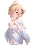  1girl ahoge andira_(granblue_fantasy) animal_ears bare_shoulders blonde_hair breast_press breasts collarbone granblue_fantasy highres japanese_clothes kimblee kimono looking_at_viewer monkey_ears monkey_girl monkey_tail red_eyes short_hair simple_background small_breasts solo tail white_background white_kimono 