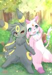  2022 anthro aster_(umbreon) black_body black_fur black_nose book bow_ribbon branch chest_tuft detailed_background duo eeveelution espeon fangs flower forest forest_background freckles fur gem grass hand_holding hi_res kailia_(espeon) light light_beam looking_at_viewer magic_wand male nature nature_background nintendo open_mouth paws pink_body pink_fur plant pok&eacute;mon pok&eacute;mon_(species) puniwanko red_eyes ribbons shrub spellbook sunbeam sunlight teal_eyes tongue tree tuft umbreon video_games white_body white_fur 