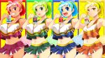  4girls :&lt; :d bangs bishi_bashi_(series) bishi_bashi_channel blonde_hair blue_eyes blue_hair blue_nails blue_skirt blush breasts brown_eyes cellphone cheerleader cheerleader_blue cheerleader_green cheerleader_red cheerleader_yellow cleavage closed_mouth comiket_94 commentary_request cowboy_shot crop_top expressionless green_eyes green_hair green_hairband green_nails green_skirt grin hairband highres holding holding_phone large_breasts looking_at_viewer midriff miniskirt multiple_girls navel open_mouth orange_shirt orange_skirt osamu_yagi phone pink_hair pink_hairband pink_nails red_eyes red_skirt shirt short_hair skirt smartphone smile textless_version translation_request white_shirt yellow_hairband yellow_nails 