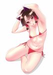  1girl :o alternate_costume animal_ears armpits arms_up bangs benikurage_(cookie) bikini blush breasts brown_eyes brown_hair cat_ears commentary_request cookie_(touhou) covered_nipples fake_animal_ears frilled_hair_tubes frills full_body hair_tubes hakurei_reimu highres looking_at_viewer makaarami medium_hair micro_bikini nose_blush open_mouth parted_bangs red_bikini side-tie_bikini sidelocks simple_background small_breasts solo swimsuit touhou white_background 