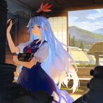  1girl arch bangs black_headwear blue_dress blue_eyes blue_hair book book_stack bookshelf closed_mouth commentary_request cowboy_shot dress hair_between_eyes hat holding holding_scroll indoors kamishirasawa_keine kitsune_(kazenouta) long_hair looking_at_viewer mountain neckerchief open_door pinafore_dress puffy_short_sleeves puffy_sleeves red_neckerchief scenery scroll shirt short_sleeves shouji sideways_glance sky sliding_doors smile solo tokin_hat touhou tree white_shirt 