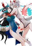  2girls :p arknights arm_around_shoulder arm_tattoo bare_shoulders black_hair braid breasts china_dress chinese_clothes colored_skin dragon_girl dragon_horns dragon_tail dress dusk_(arknights) dusk_(everything_is_a_miracle)_(arknights) flame-tipped_tail green_dress green_skin hair_bun hair_ornament hairpin high_heels highres horns iwashi_80 large_breasts leg_between_thighs leg_tattoo long_hair multicolored_hair multiple_girls nian_(arknights) nian_(unfettered_freedom)_(arknights) official_alternate_costume open_mouth orange_eyes pelvic_curtain purple_eyes red_hair red_skin siblings simple_background single_hair_bun sisters sleeveless sleeveless_dress streaked_hair tail tail_ornament tail_ring tail_through_clothes tattoo tongue tongue_out v white_background white_dress white_footwear white_hair 