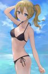  1girl bikini black_bikini blonde_hair blue_eyes blush hayasaka_ai highres kaguya-sama_wa_kokurasetai_~tensai-tachi_no_renai_zunousen~ looking_back ocean ponzu_pon9 solo swimsuit 